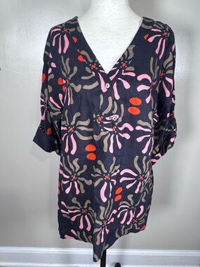 FOIL Boutique Black Coral Geo Print 100% Linen Tunic Sz 6 Buttons 3/4 Sleeve Top